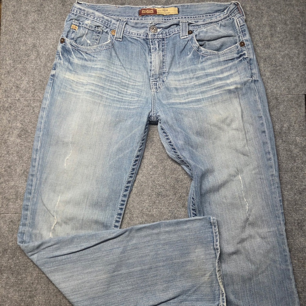 Big Star Union Slim Straight Jeans Mens 38L Light Wash Distressed Blue Denim